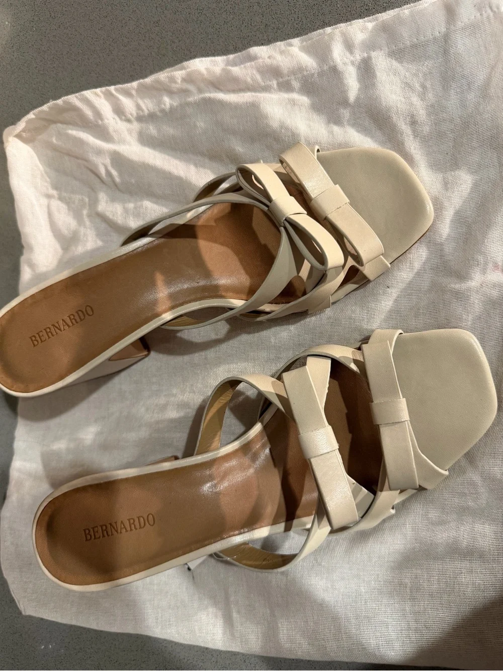 Bernardo Ivory Strappy Heel Sandals with Bow Detail
